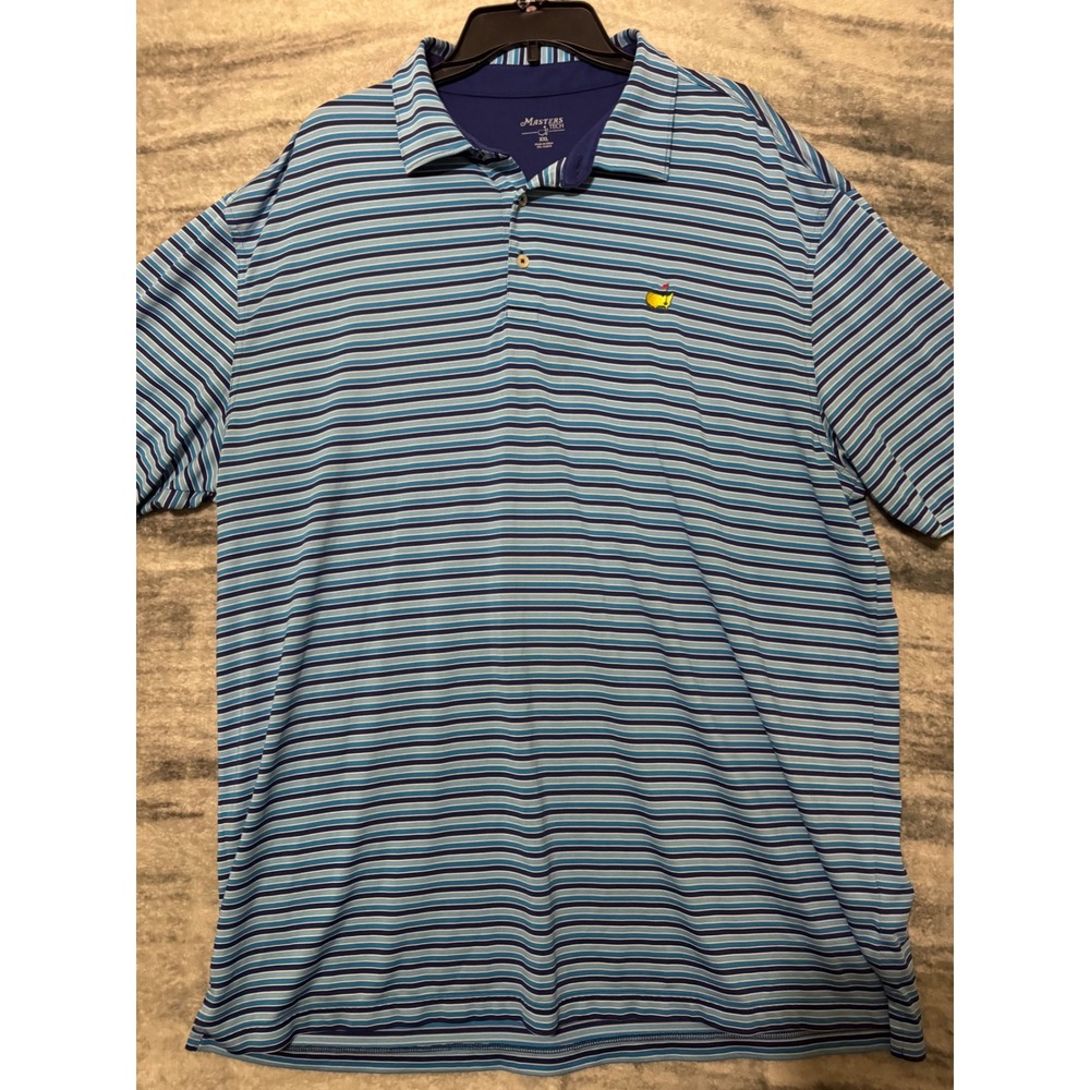 Masters Tech Mens XXL Blue Striped Short Sleeve Golf Polo Shirt Embroidered Logo